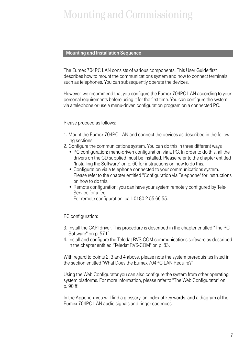 Mounting and installation sequence, Mounting and commissioning | Deutsche Telekom 704PC User Manual | Page 15 / 120