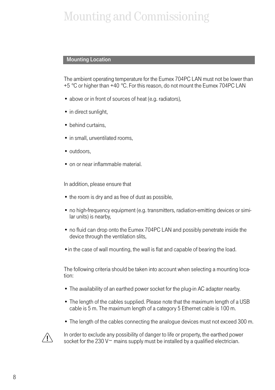 Mounting location, Mounting and commissioning | Deutsche Telekom 704PC User Manual | Page 16 / 120