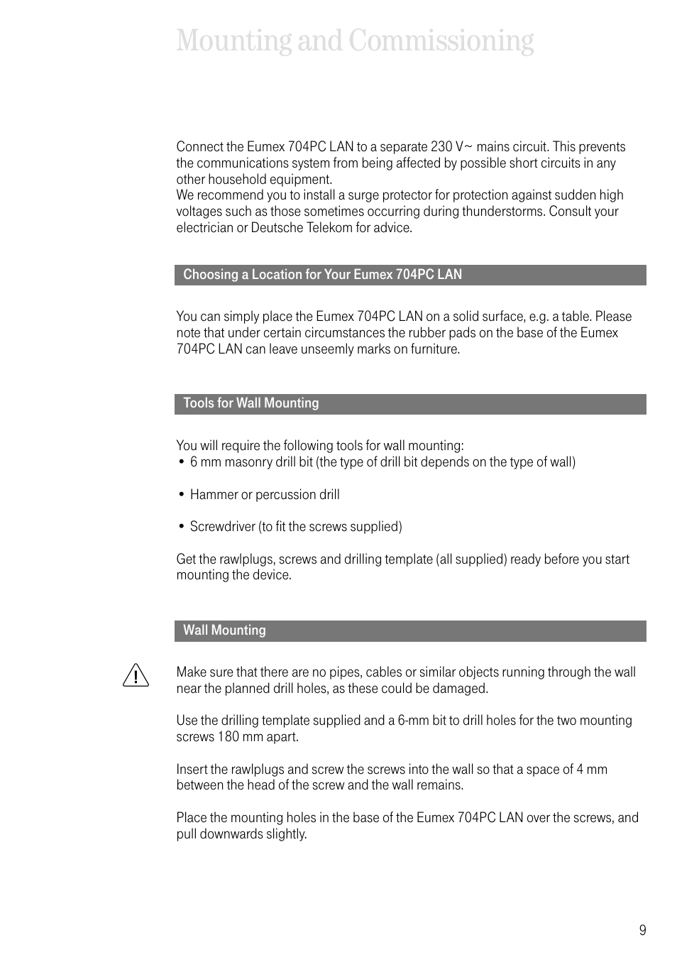 Choosing a location for your eumex 704pc lan, Tools for wall mounting, Wall mounting | Mounting and commissioning | Deutsche Telekom 704PC User Manual | Page 17 / 120