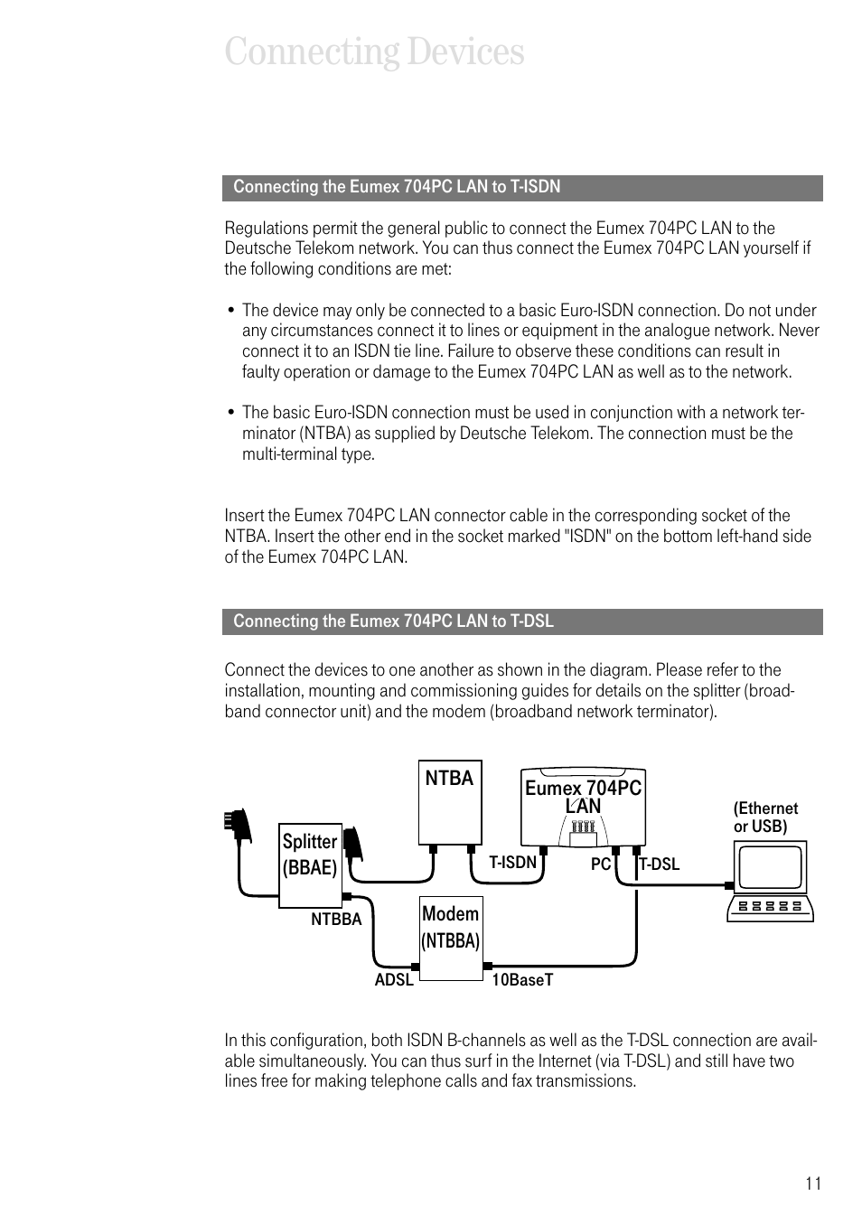 Connecting the eumex 704pc lan to t-isdn, Connecting the eumex 704pc lan to t-dsl, Connecting devices | Deutsche Telekom 704PC User Manual | Page 19 / 120