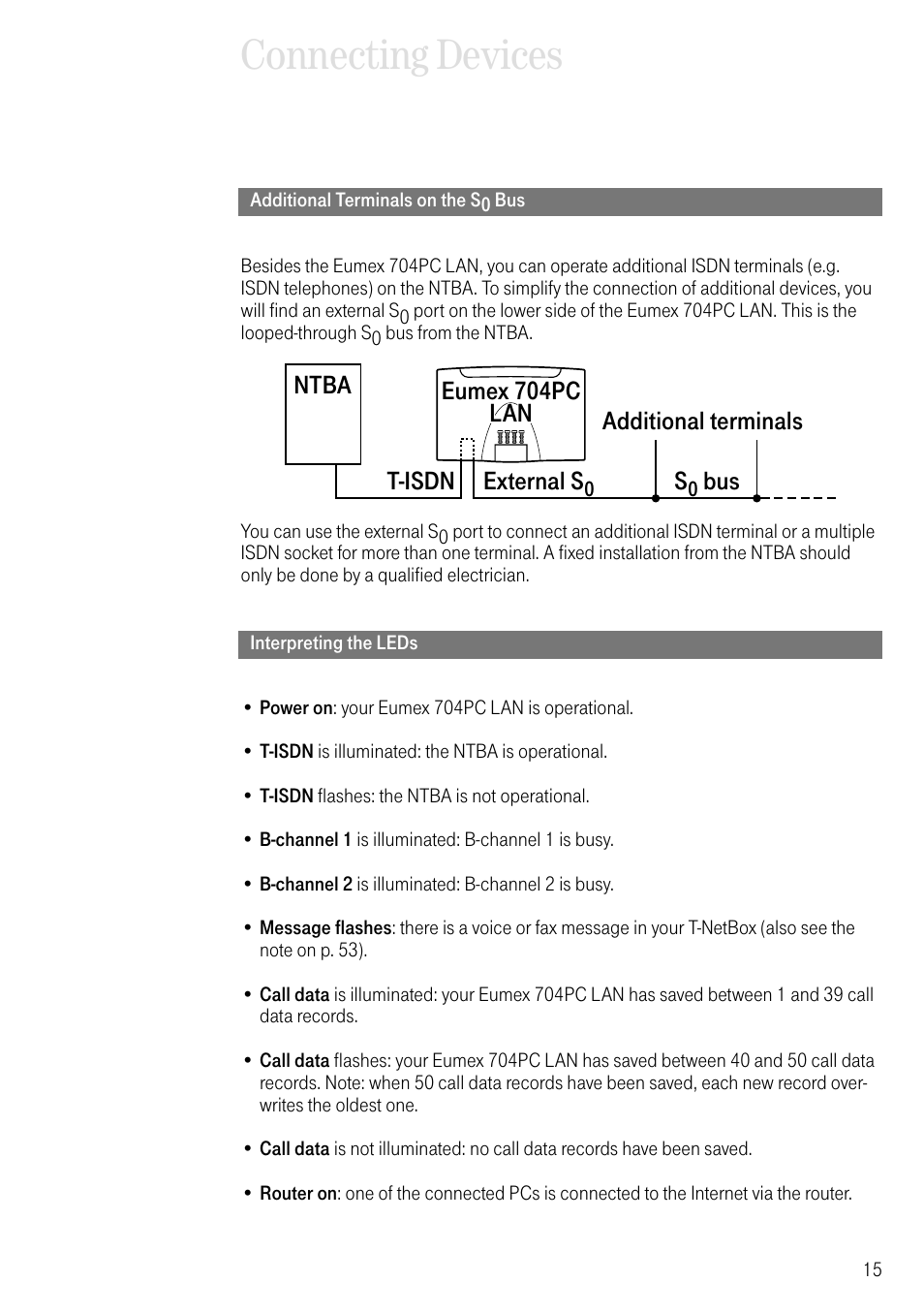 Additional terminals on the s0 bus, Interpreting the leds, Connecting devices | Deutsche Telekom 704PC User Manual | Page 23 / 120