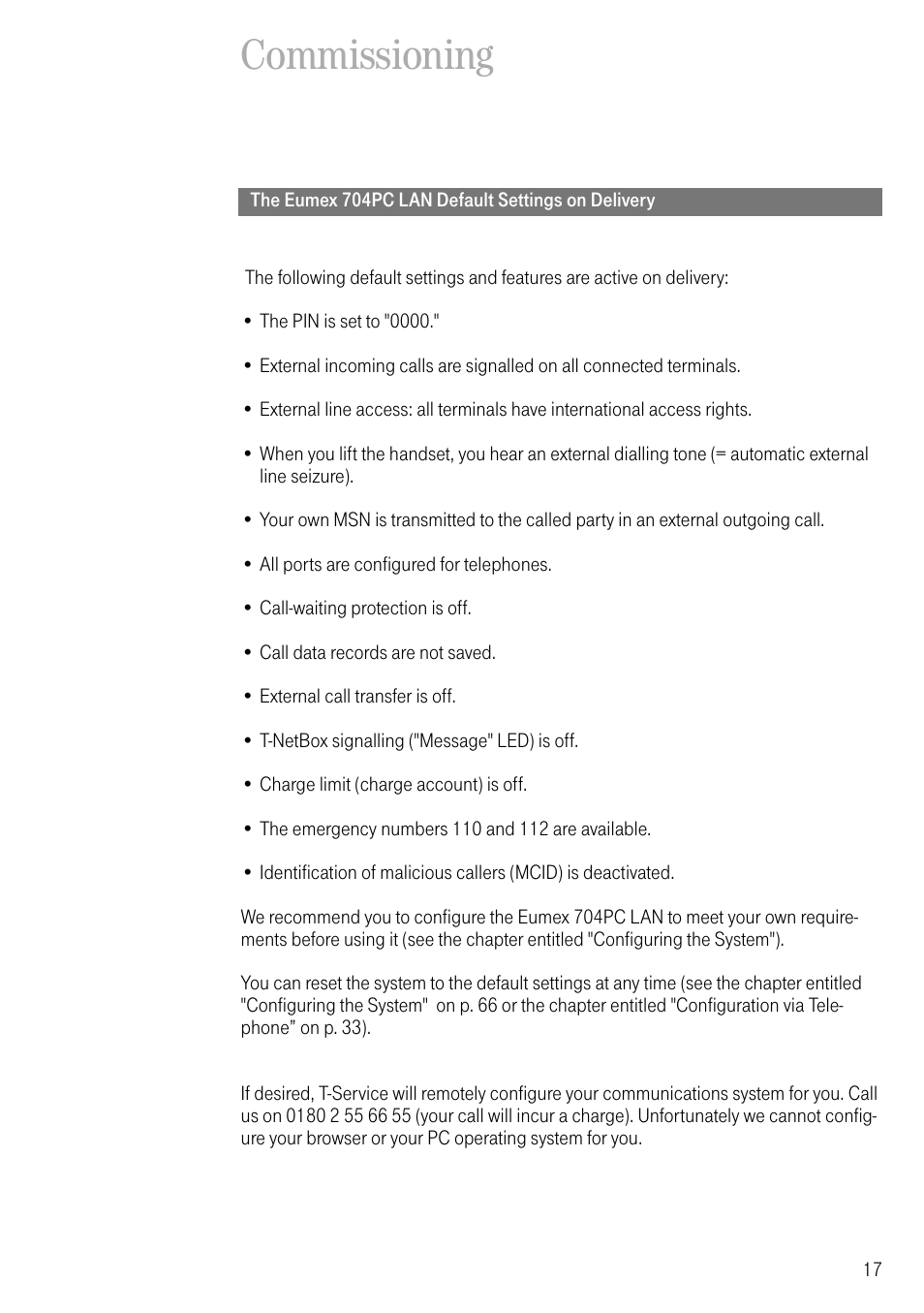 Commissioning, The eumex 704pc lan default settings on delivery | Deutsche Telekom 704PC User Manual | Page 25 / 120