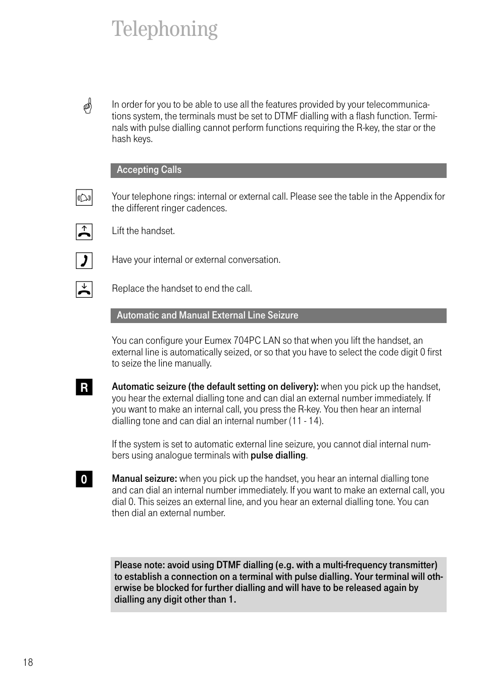 Telephoning, Accepting calls, Automatic and manual external line seizure | Deutsche Telekom 704PC User Manual | Page 26 / 120