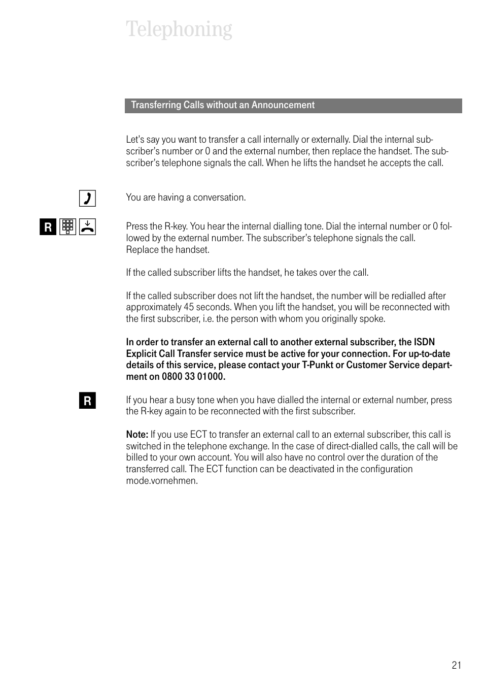 Transferring calls without an announcement, Telephoning gespräch weitergeben, Cr t d r | Deutsche Telekom 704PC User Manual | Page 29 / 120