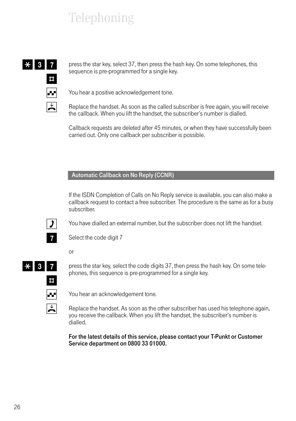 Automatic callback on no reply (ccnr), Telephoning, C 7 * 3 7 # q d | 3 7 # q d | Deutsche Telekom 704PC User Manual | Page 34 / 120