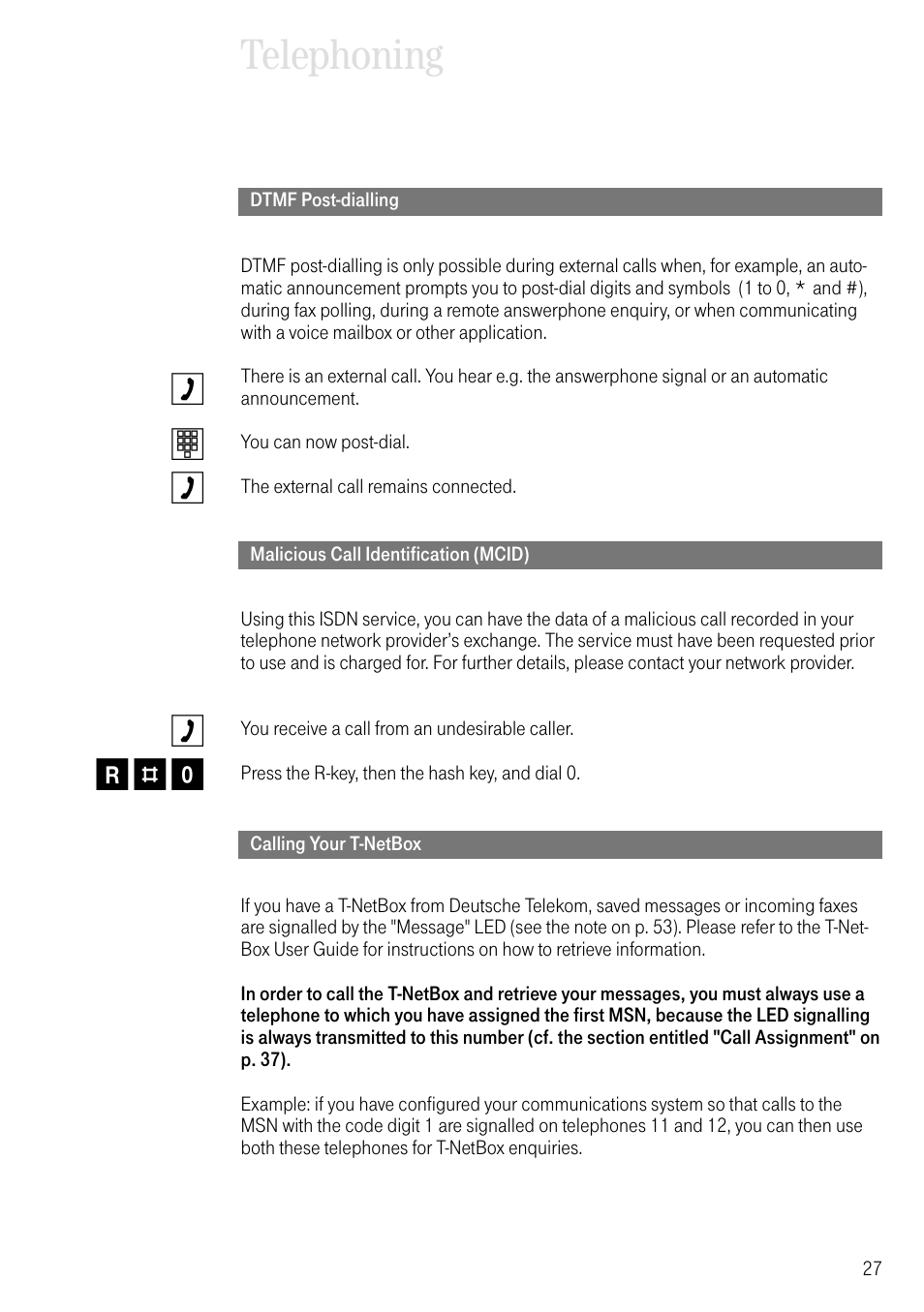 Dtmf post-dialling, Malicious call identification (mcid), Calling your t-netbox | Telephoning | Deutsche Telekom 704PC User Manual | Page 35 / 120