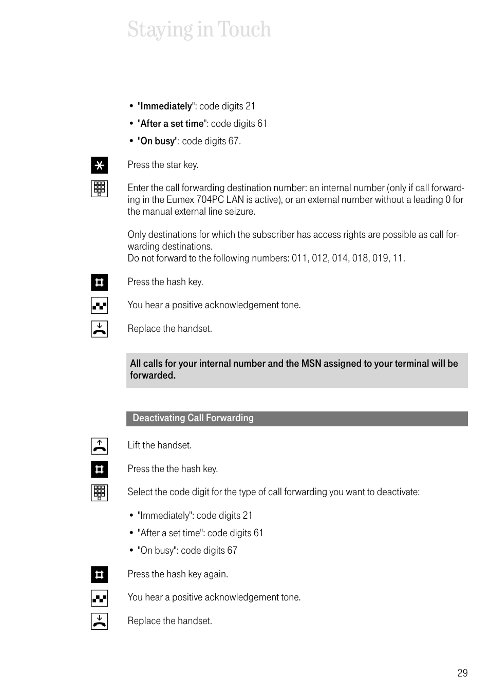 Deactivating call forwarding, Staying in touch, T # q d b # t # q d | Deutsche Telekom 704PC User Manual | Page 37 / 120