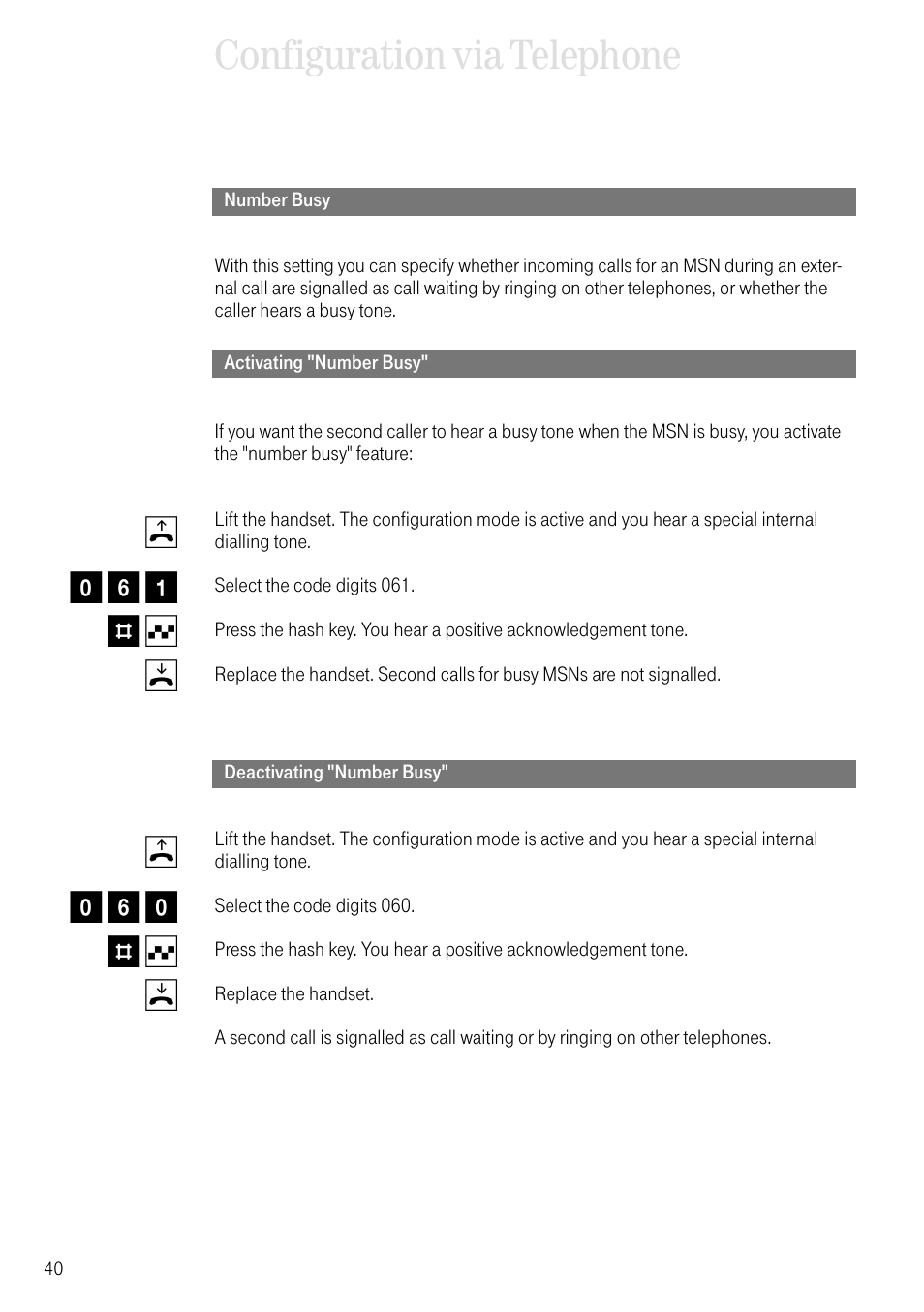 Number busy, Activating "number busy, Deactivating "number busy | Configuration via telephone | Deutsche Telekom 704PC User Manual | Page 48 / 120