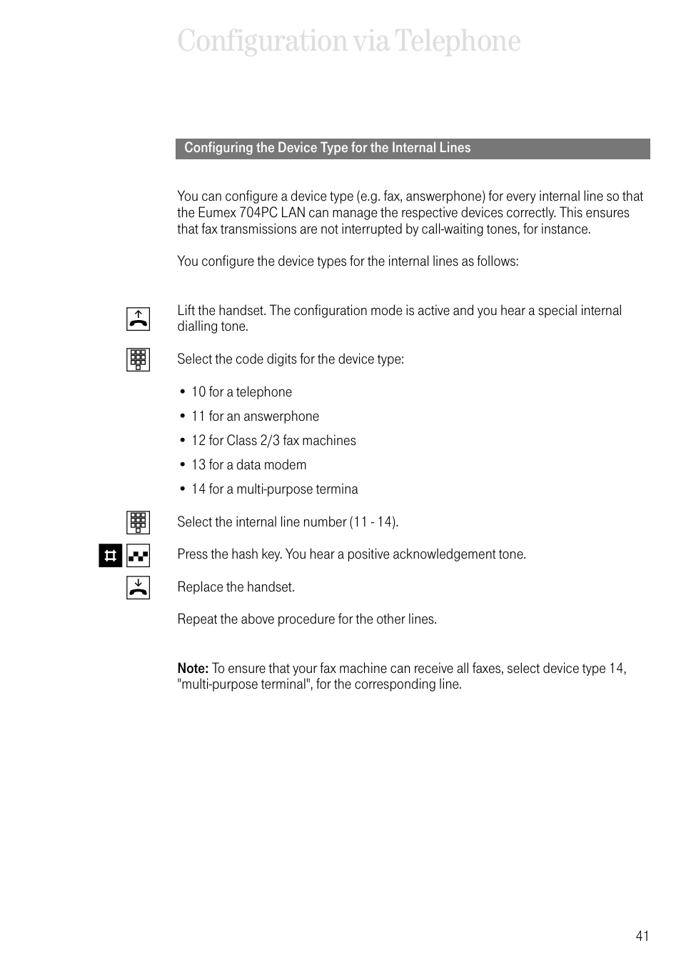 Configuring the device type for the internal lines, Configuration via telephone, Bt t # q d | Deutsche Telekom 704PC User Manual | Page 49 / 120