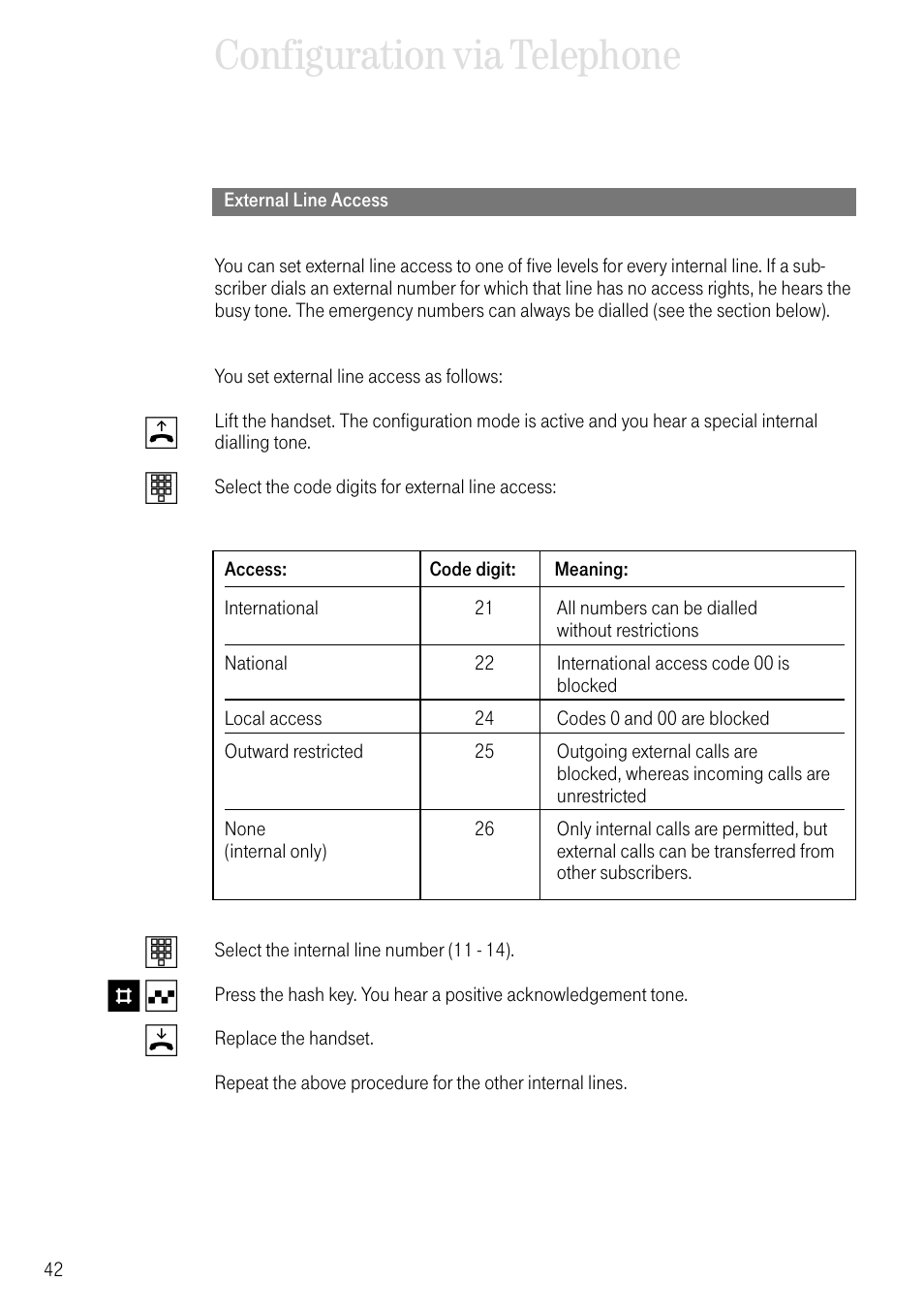 External line access, Configuration via telephone, Bt t # q d | Deutsche Telekom 704PC User Manual | Page 50 / 120