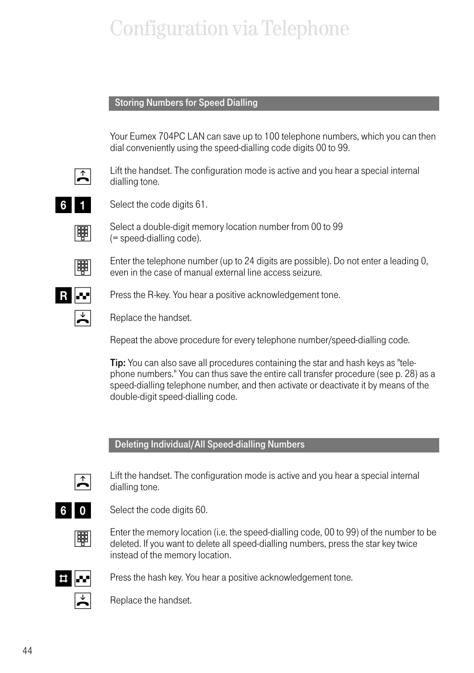 Storing numbers for speed dialling, Deleting individual/all speed-dialling numbers, Configuration via telephone | Deutsche Telekom 704PC User Manual | Page 52 / 120