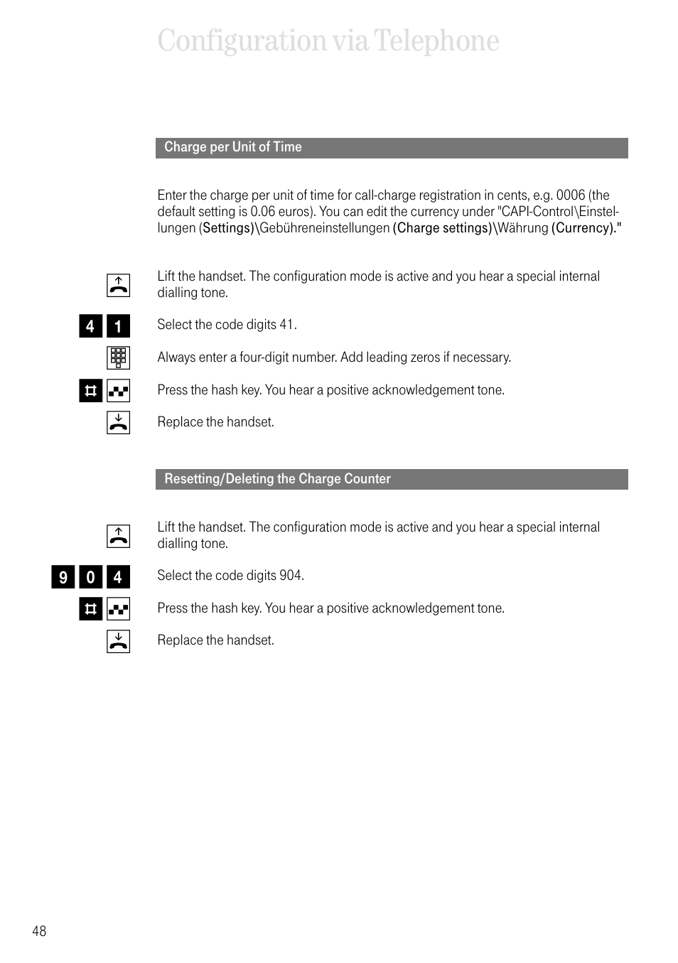 Charge per unit of time, Resetting/deleting the charge counter, Configuration via telephone | Deutsche Telekom 704PC User Manual | Page 56 / 120