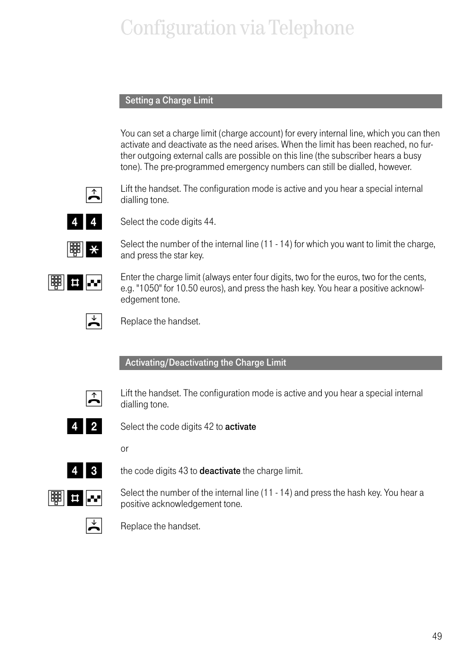 Setting a charge limit, Activating/deactivating the charge limit, Configuration via telephone | Deutsche Telekom 704PC User Manual | Page 57 / 120