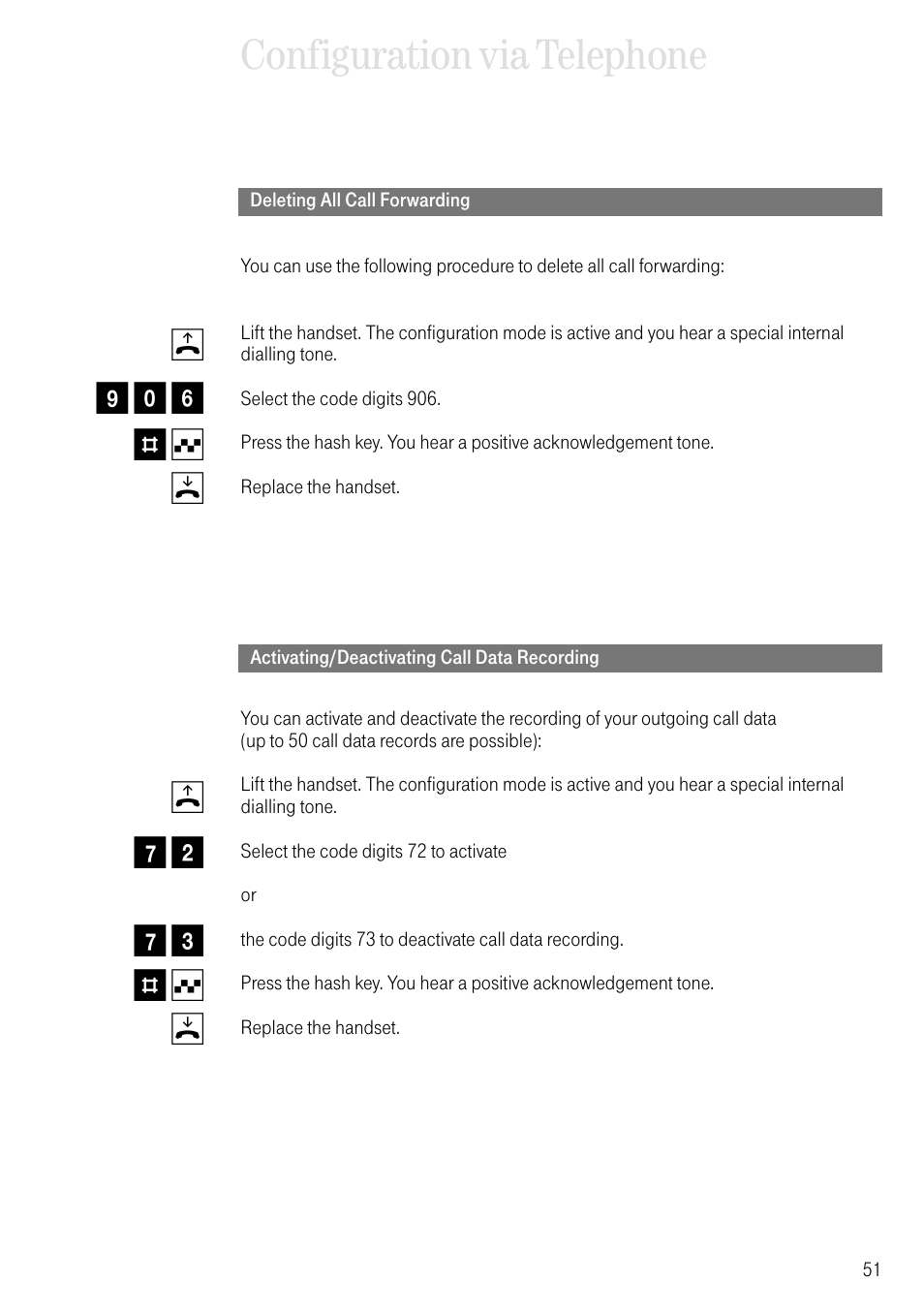 Deleting all call forwarding, Activating/deactivating call data recording, Configuration via telephone | B9 0 6 # q d, B7 2 7 3 # q d | Deutsche Telekom 704PC User Manual | Page 59 / 120