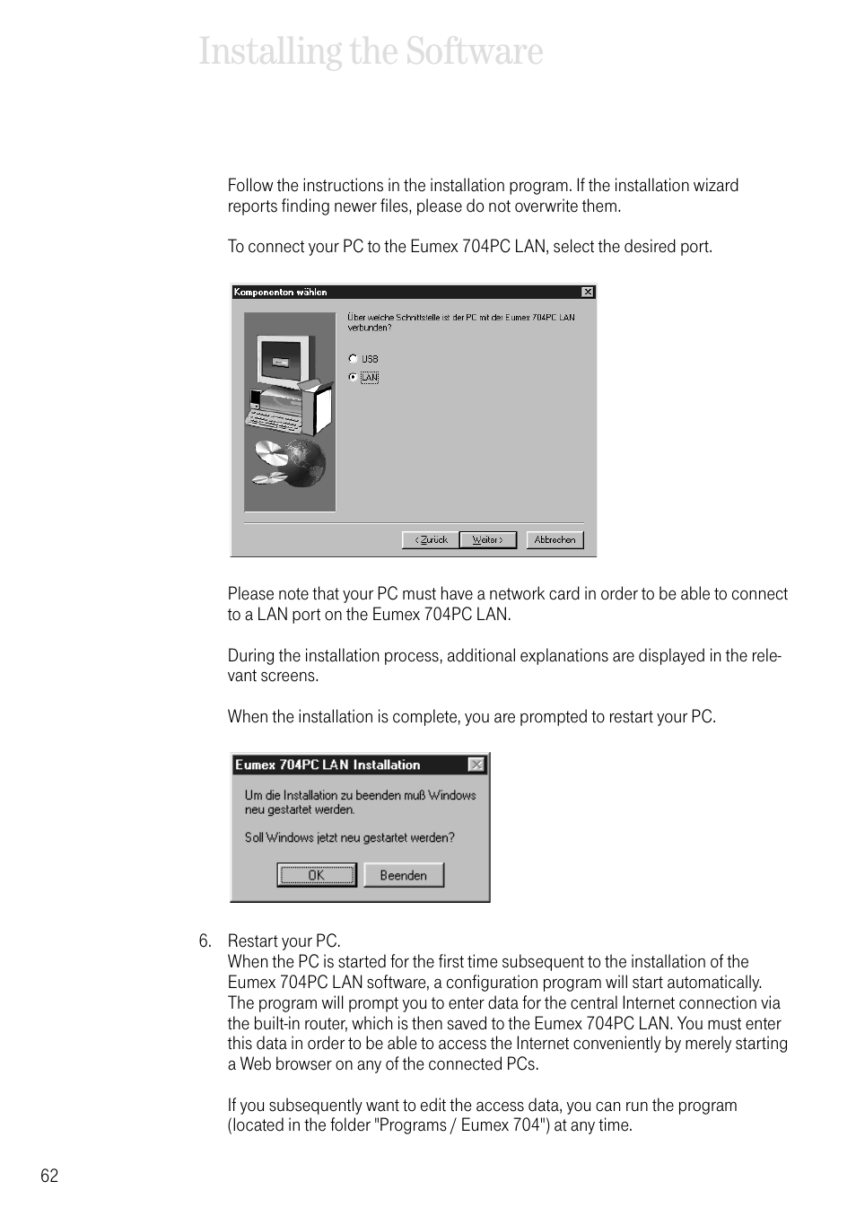 Installing the software | Deutsche Telekom 704PC User Manual | Page 70 / 120