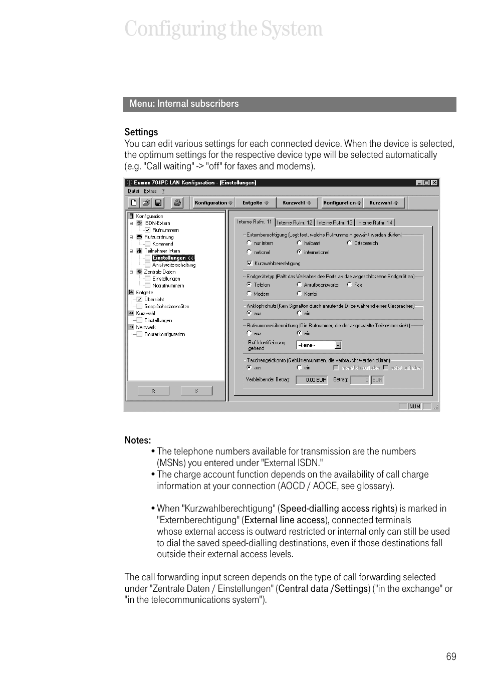 Menu: internal subscribers, Configuring the system | Deutsche Telekom 704PC User Manual | Page 77 / 120