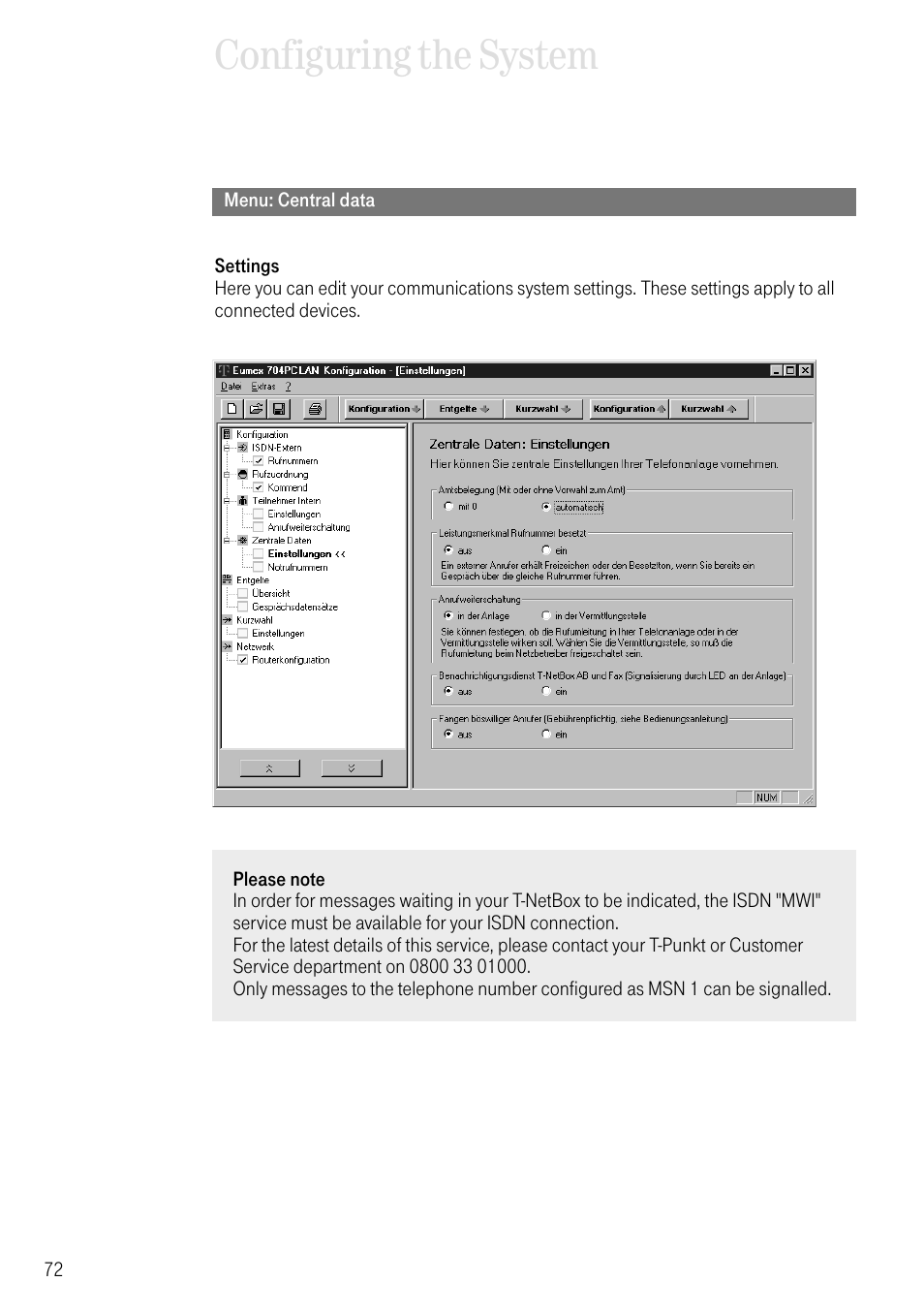 Menu: central data, Configuring the system | Deutsche Telekom 704PC User Manual | Page 80 / 120