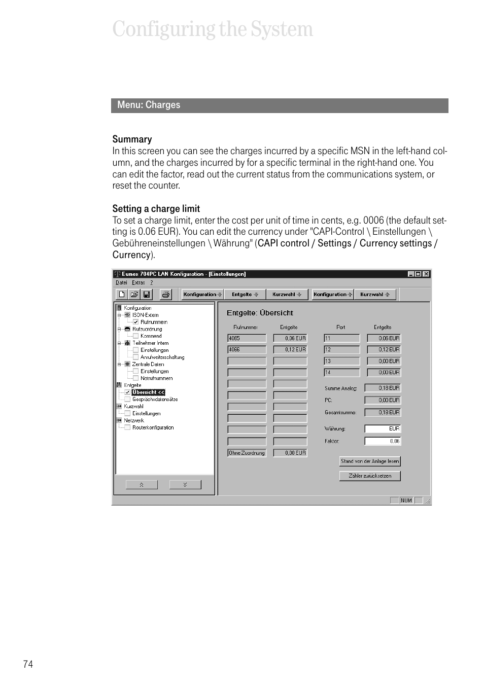 Menu: charges, Configuring the system | Deutsche Telekom 704PC User Manual | Page 82 / 120