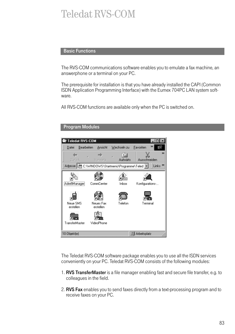 Teledat rvs-com, Basic functions, Program modules | Deutsche Telekom 704PC User Manual | Page 91 / 120