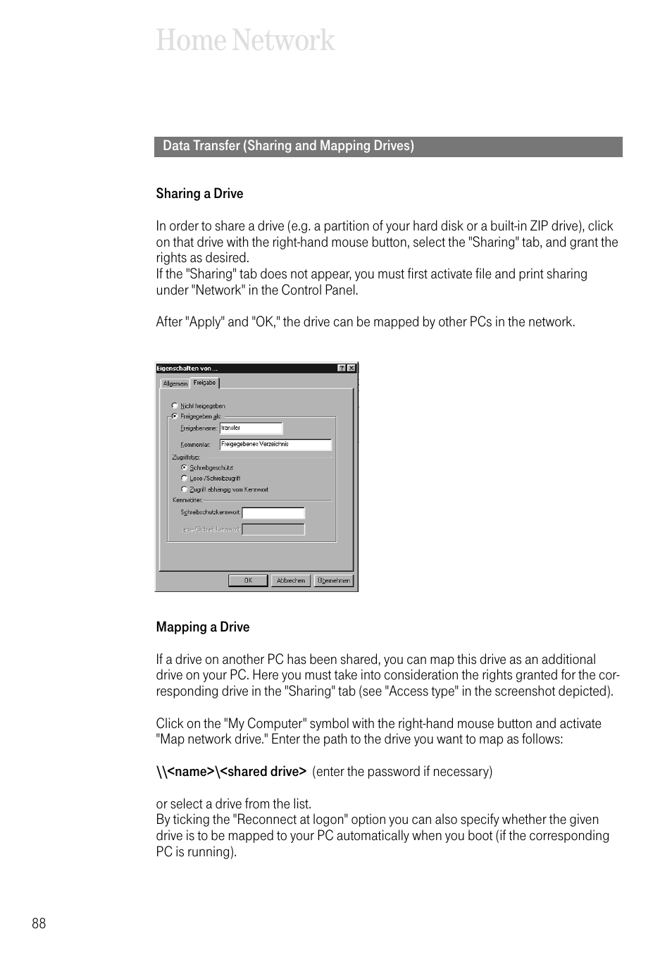 Data transfer (sharing and mapping drives), Home network | Deutsche Telekom 704PC User Manual | Page 96 / 120