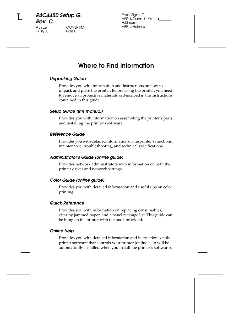Where to find information, Unpacking guide, Setup guide (this manual) | Reference guide, Administrator’s guide (online guide), Color guide (online guide), Quick reference, Online help | Epson EPL-C8200 User Manual | Page 2 / 90