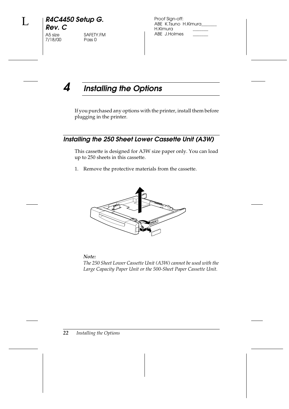 4 installing the options, Installing the 250 sheet lower cassette unit (a3w), Installing the options | Epson EPL-C8200 User Manual | Page 30 / 90