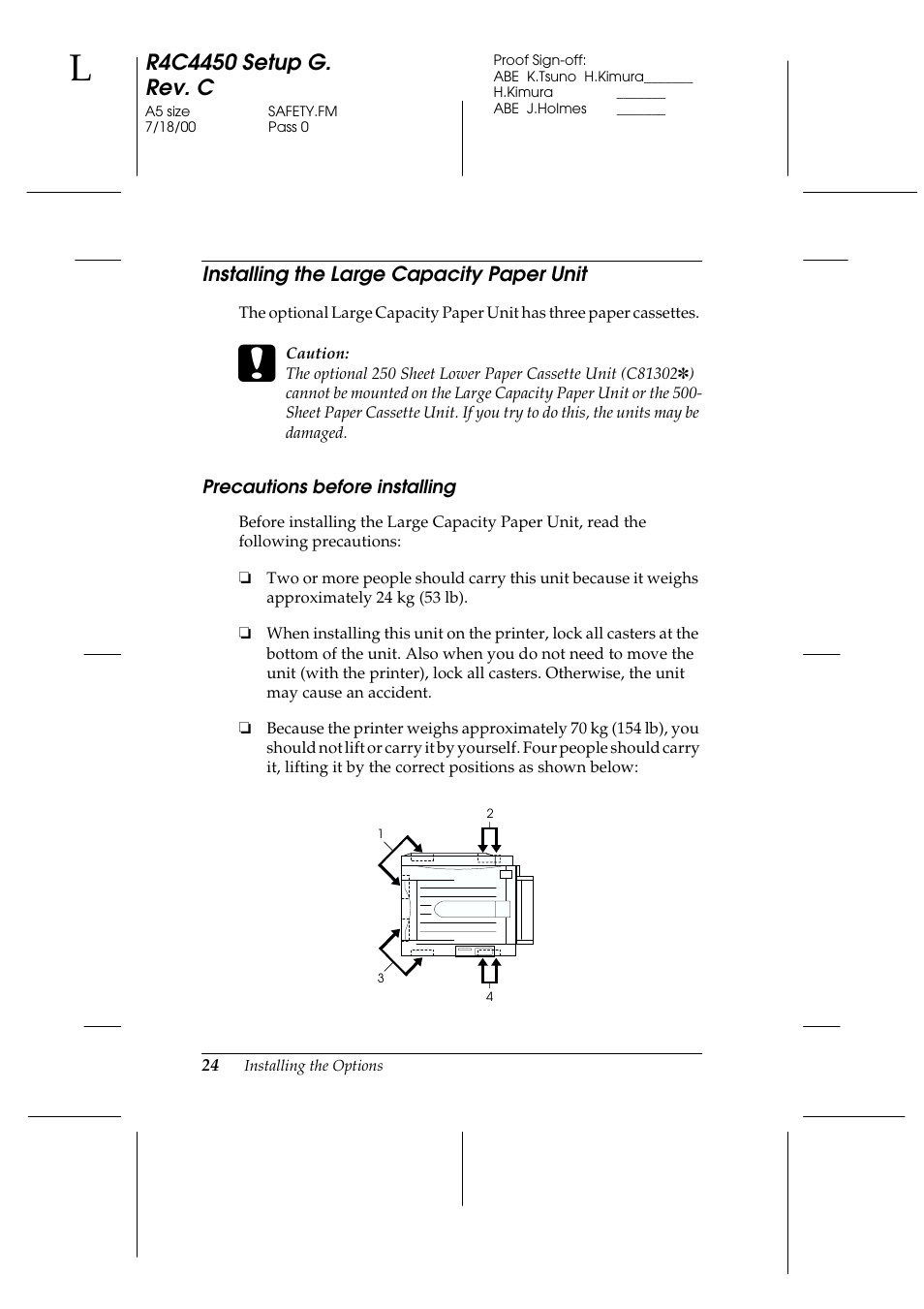 Installing the large capacity paper unit, Precautions before installing | Epson EPL-C8200 User Manual | Page 32 / 90