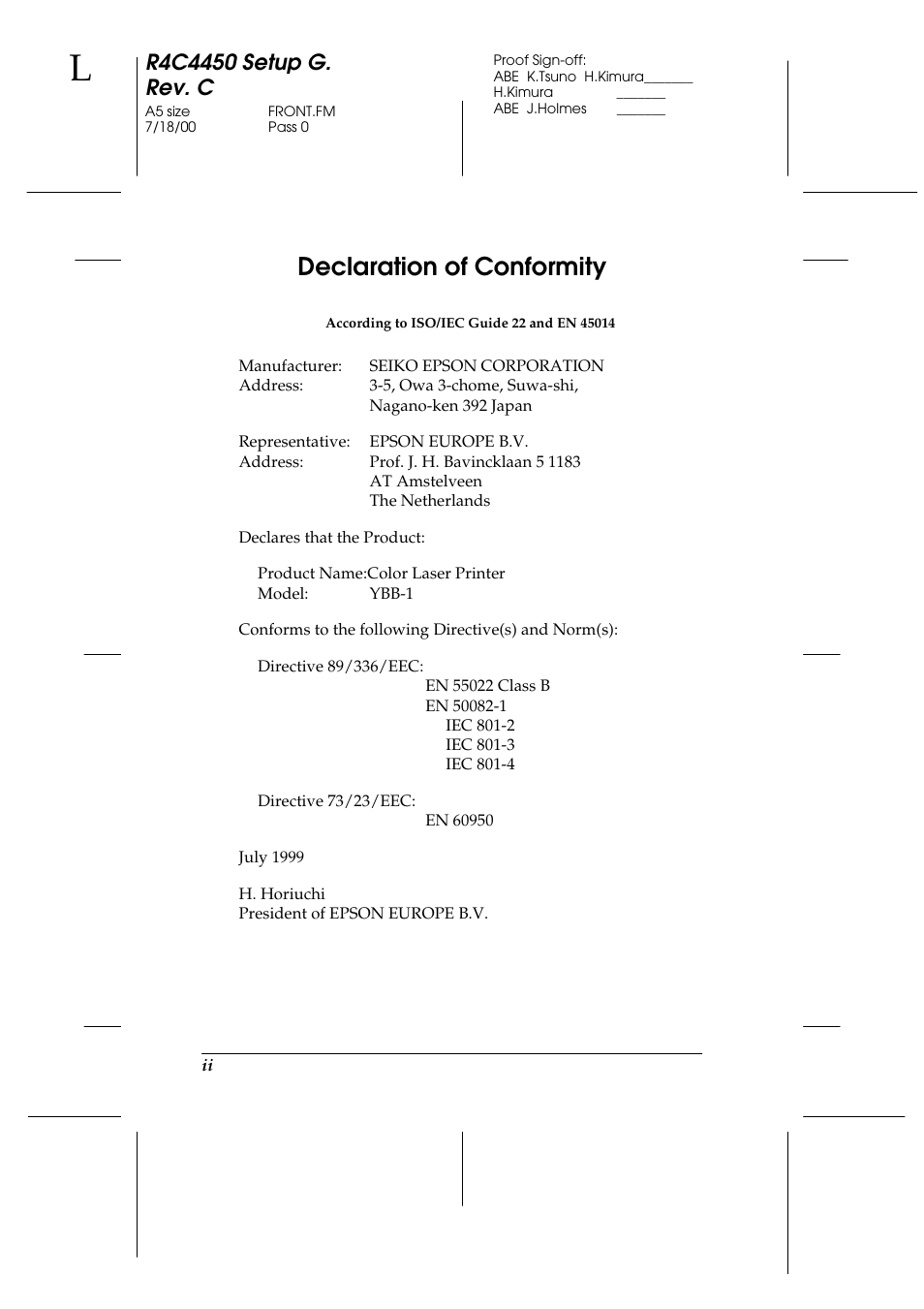 Declaration of conformity | Epson EPL-C8200 User Manual | Page 4 / 90