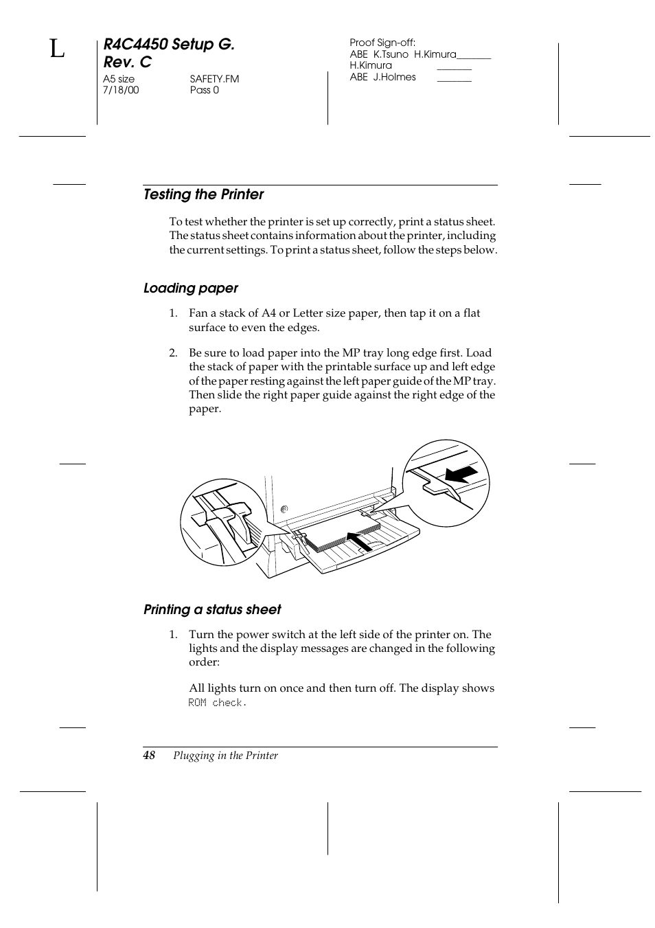 Testing the printer, Loading paper, Printing a status sheet | Loading paper printing a status sheet | Epson EPL-C8200 User Manual | Page 56 / 90