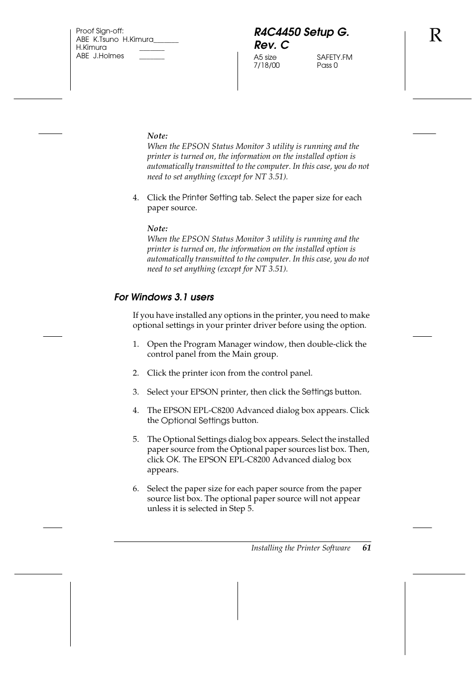 For windows 3.1 users | Epson EPL-C8200 User Manual | Page 69 / 90
