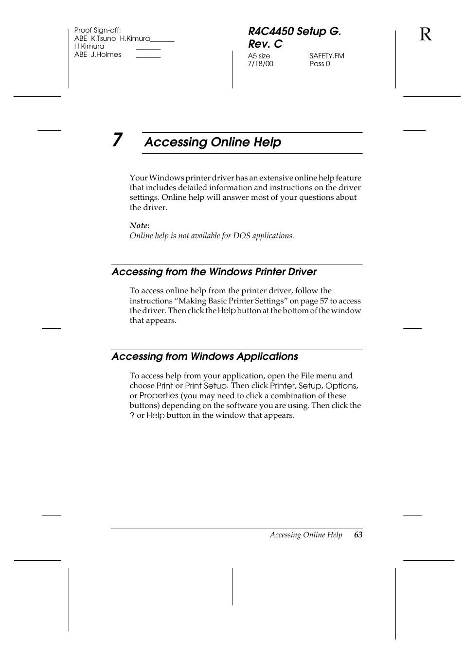 7 accessing online help, Accessing from the windows printer driver, Accessing from windows applications | Accessing online help | Epson EPL-C8200 User Manual | Page 71 / 90