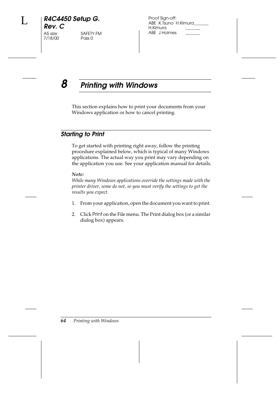 8 printing with windows, Starting to print, Printing with windows | Epson EPL-C8200 User Manual | Page 72 / 90