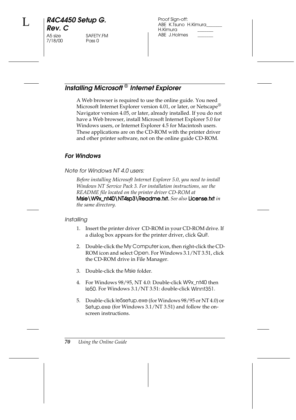 Installing microsoft ® internet explorer, For windows, Note for windows nt 4.0 users | Installing, Installing microsoft, Internet explorer | Epson EPL-C8200 User Manual | Page 78 / 90