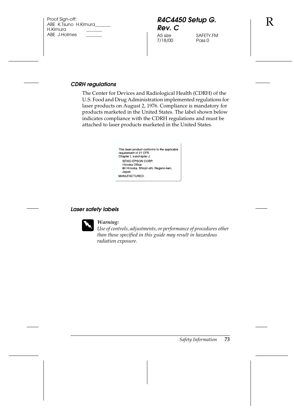 Cdrh regulations, Laser safety labels | Epson EPL-C8200 User Manual | Page 81 / 90