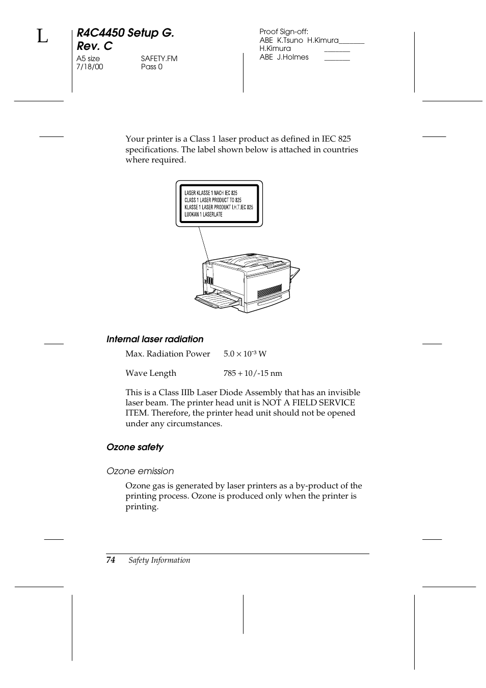 Internal laser radiation, Ozone safety, Ozone emission | Epson EPL-C8200 User Manual | Page 82 / 90