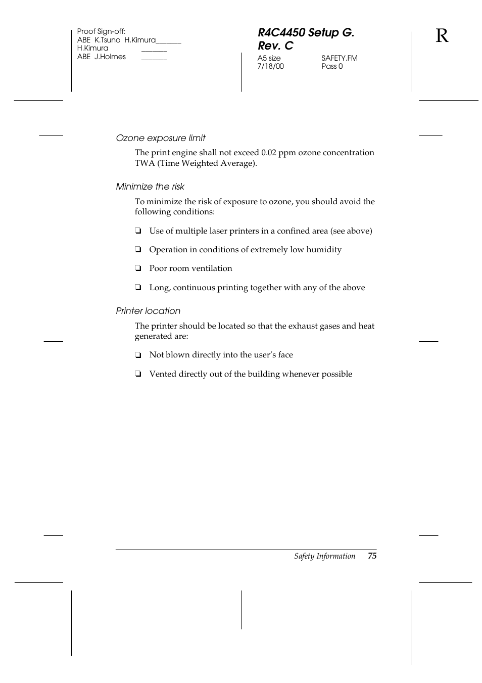 Ozone exposure limit, Minimize the risk, Printer location | Epson EPL-C8200 User Manual | Page 83 / 90