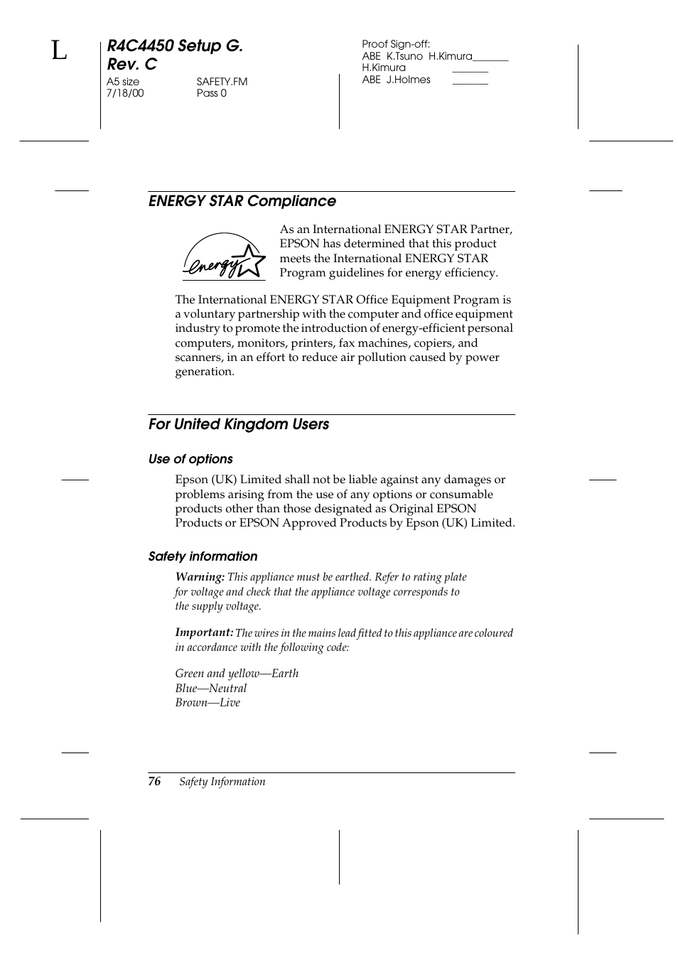 Energy star compliance, For united kingdom users, Use of options | Safety information | Epson EPL-C8200 User Manual | Page 84 / 90