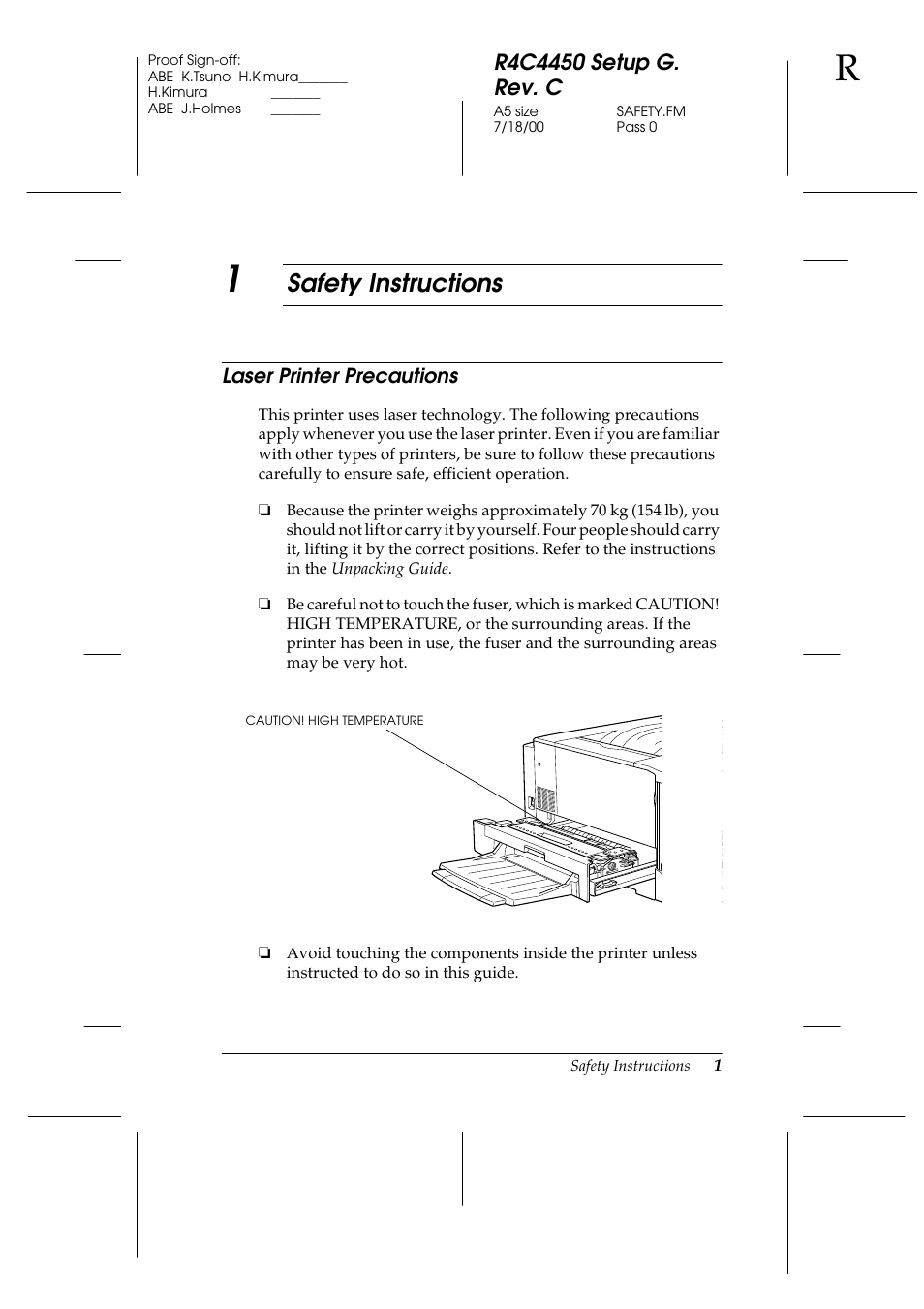 1 safety instructions, Laser printer precautions, Safety instructions | Epson EPL-C8200 User Manual | Page 9 / 90