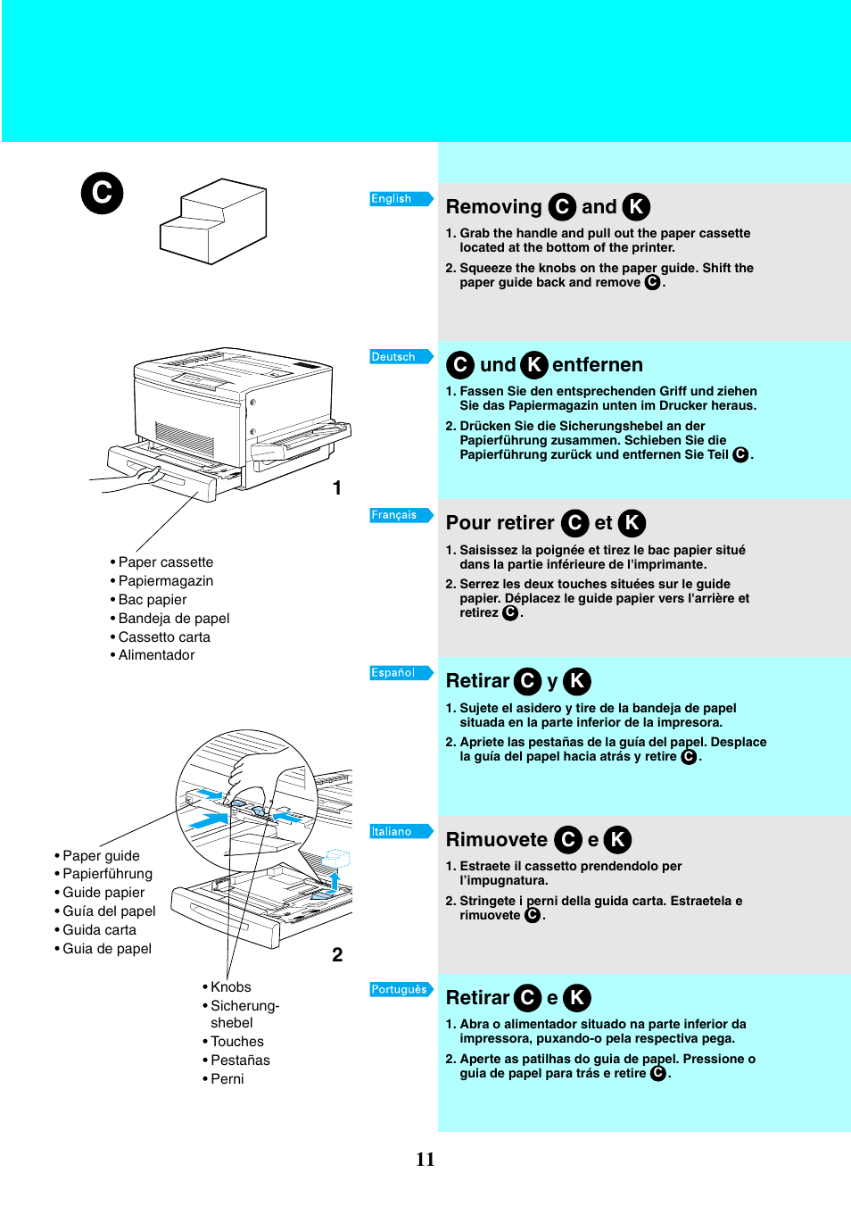 Cremoving and k, Centfernen und k, Cpour retirer et k | Cretirar y k, Crimuovete e k, Cretirar e k | Epson EPL-C8200 User Manual | Page 11 / 24