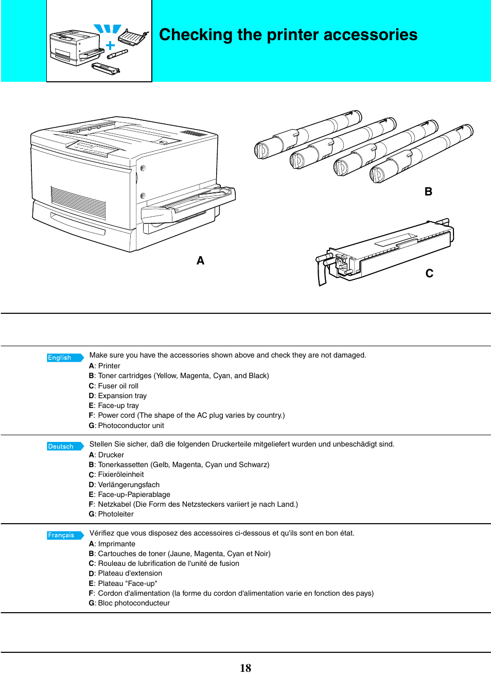 Checking the printer accessories, Ab c | Epson EPL-C8200 User Manual | Page 18 / 24