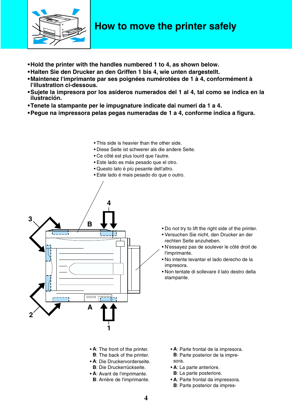 How to move the printer safely | Epson EPL-C8200 User Manual | Page 4 / 24