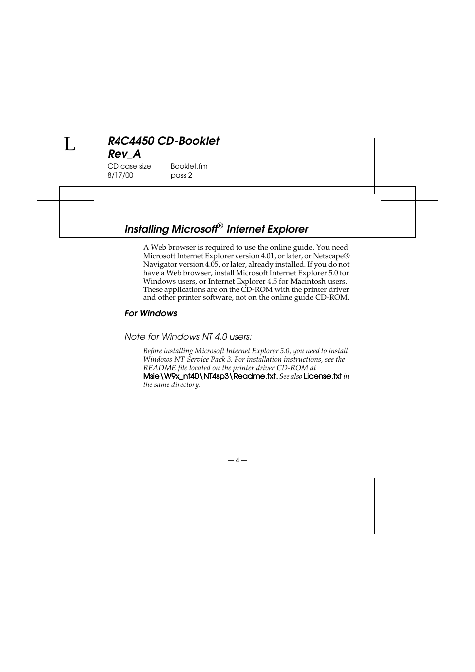 Installing microsoft® internet explorer, For windows, Note for windows nt 4.0 users | Installing microsoft, Internet explorer | Epson EPL-C8200 User Manual | Page 5 / 8