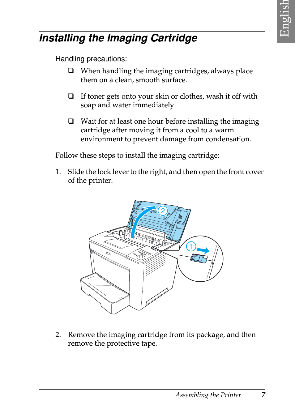 Englis h, Installing the imaging cartridge | Epson EPL-N7000 User Manual | Page 11 / 50