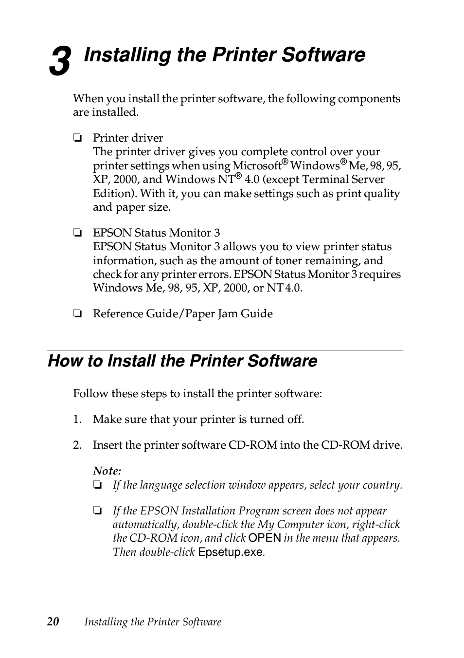Installing the printer software, How to install the printer software | Epson EPL-N7000 User Manual | Page 24 / 50