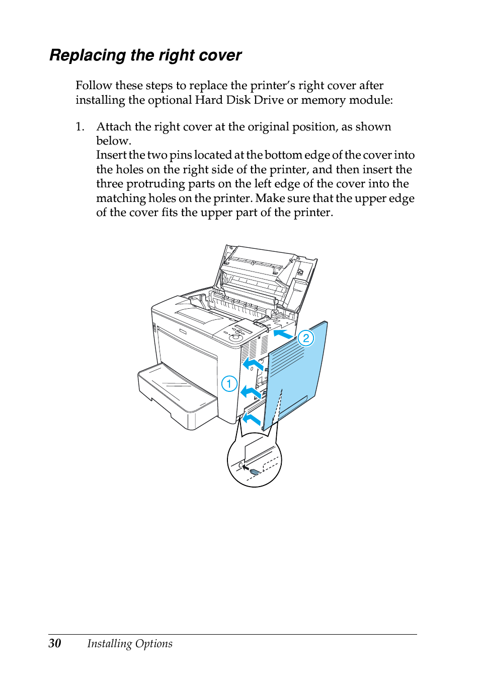 Replacing the right cover | Epson EPL-N7000 User Manual | Page 34 / 50