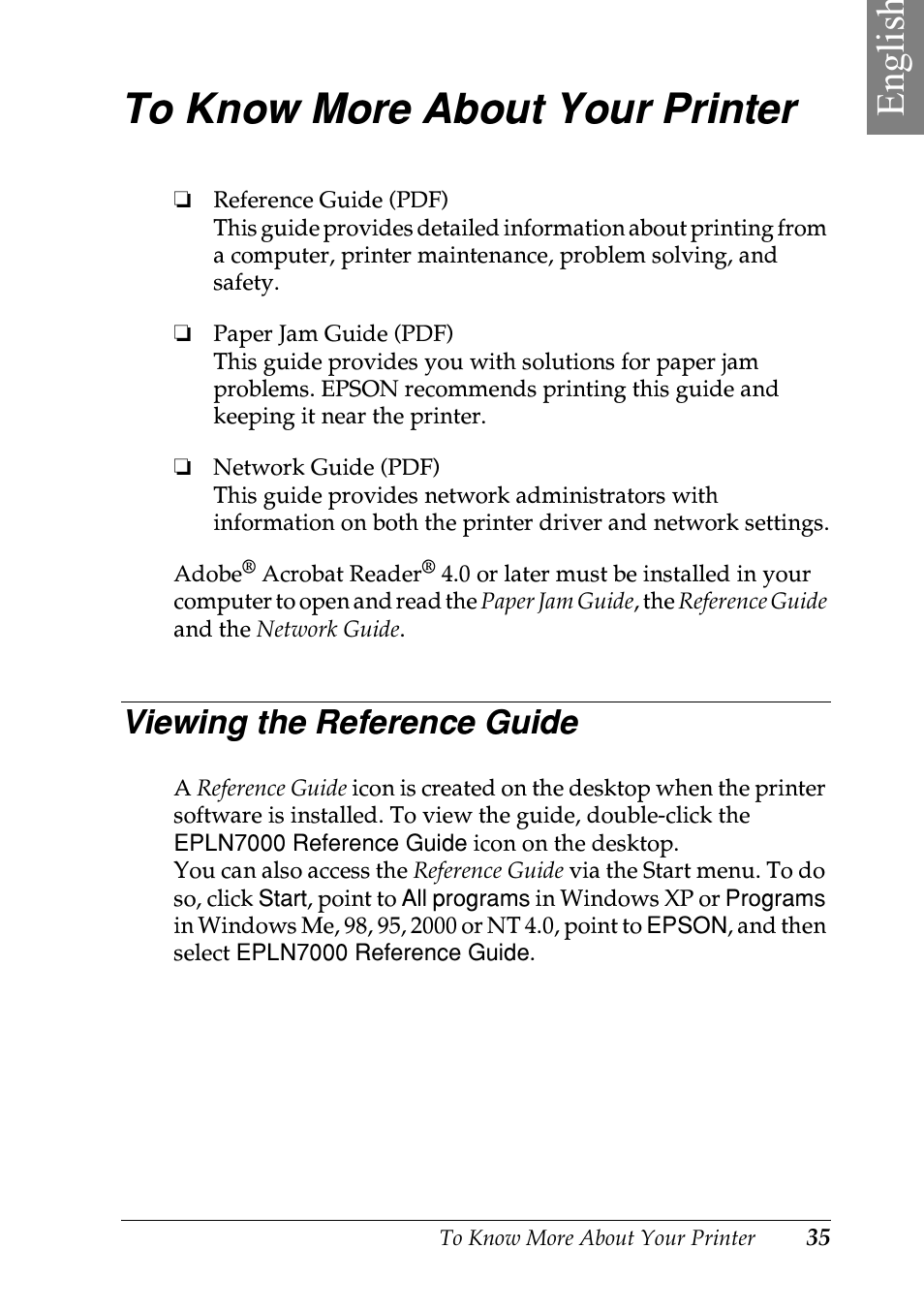 Englis h, Viewing the reference guide | Epson EPL-N7000 User Manual | Page 39 / 50