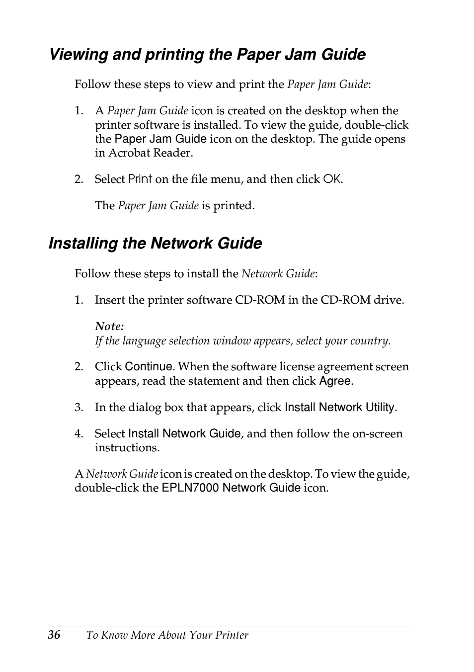 Viewing and printing the paper jam guide, Installing the network guide | Epson EPL-N7000 User Manual | Page 40 / 50