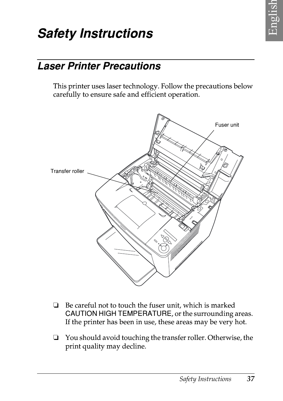 Safety instructions, Englis h, Laser printer precautions | Epson EPL-N7000 User Manual | Page 41 / 50