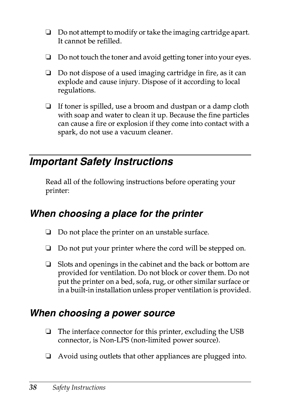 Important safety instructions, When choosing a place for the printer, When choosing a power source | Epson EPL-N7000 User Manual | Page 42 / 50