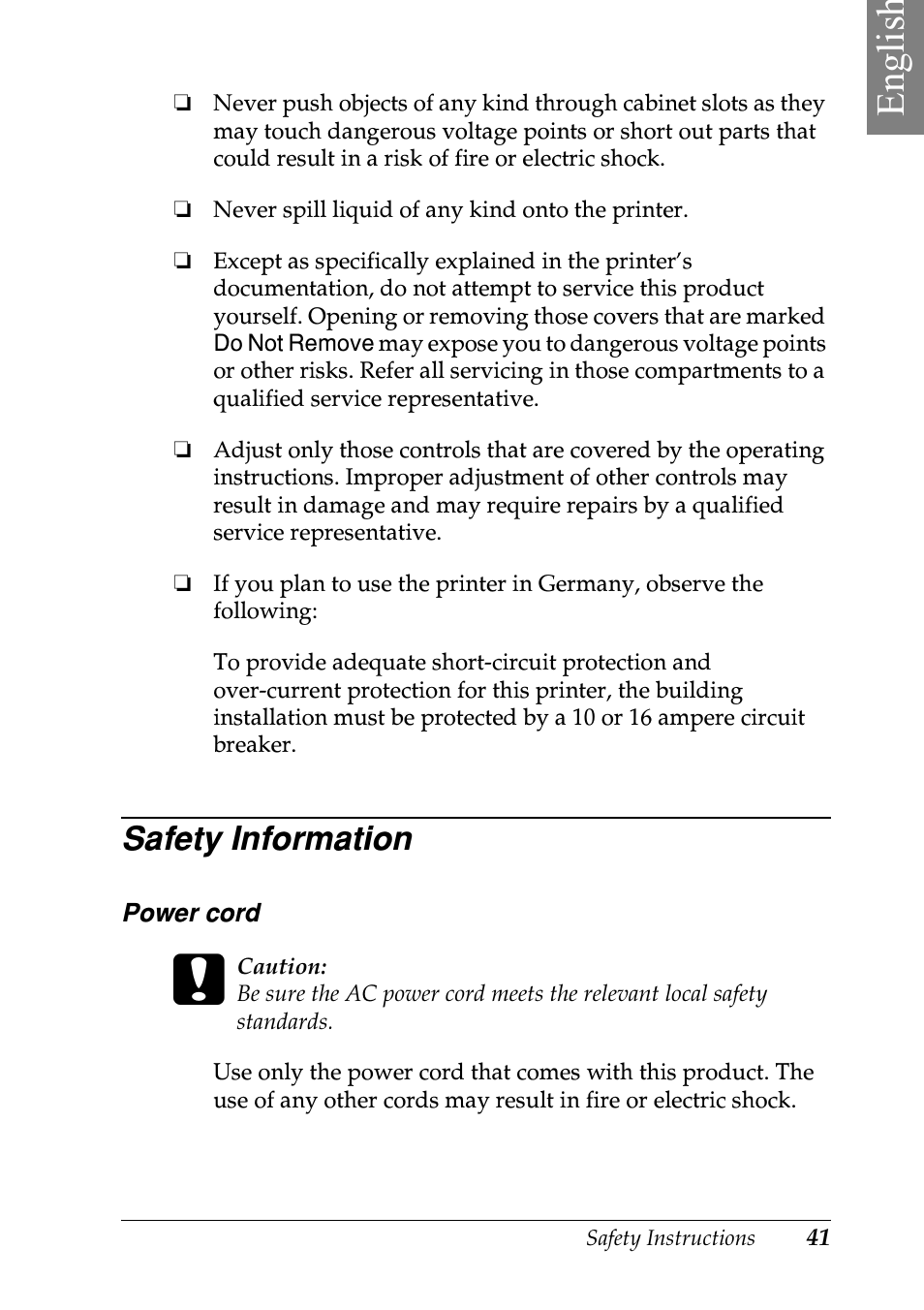 Englis h, Safety information | Epson EPL-N7000 User Manual | Page 45 / 50